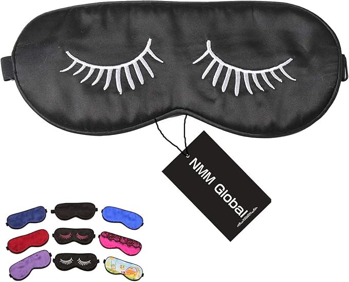 100% Mulberry Silk Sleep Mask Blackout, Cute Natural Sleeping Mask with Adjustable Elastic Strap, Satin Eye Cover for Men Women Adults (White Eyelashes)