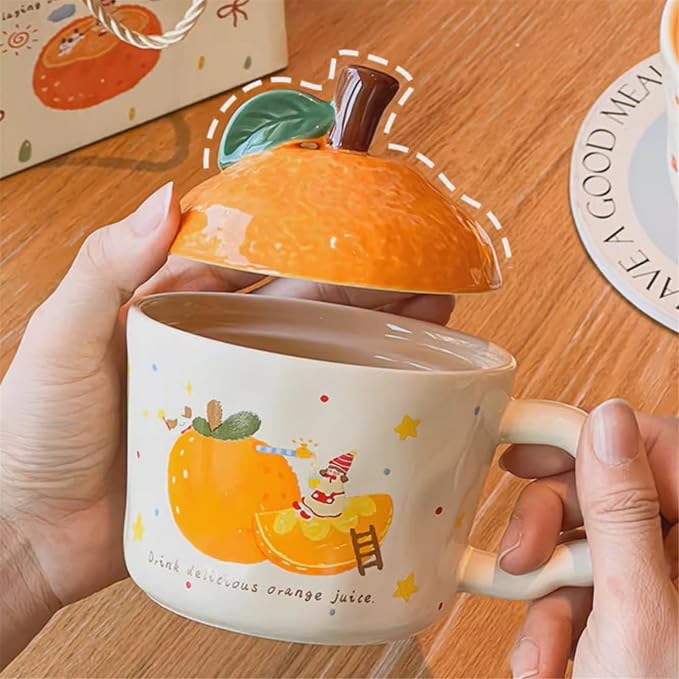 Coffee Mug Cups Ceramic Tea Cup 3D Fruit Orange Shaped Handmade Pottery Cute Mugs With Lid Handle Office Home Hot Ice Water Juice Milk Mugs Gifts Microwave Dishwasher Safe 13 Oz Travel Mug (Orange)
