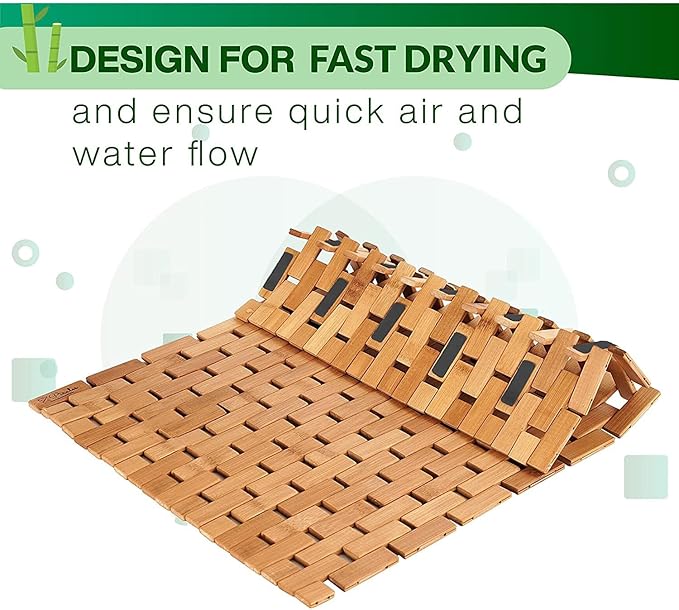 Bamboo Bath Mat, Natural Bamboo Wood, Rectangular, Non Slip, Brown, 23.6" x 15.7" for Spa Tub and Kitchen