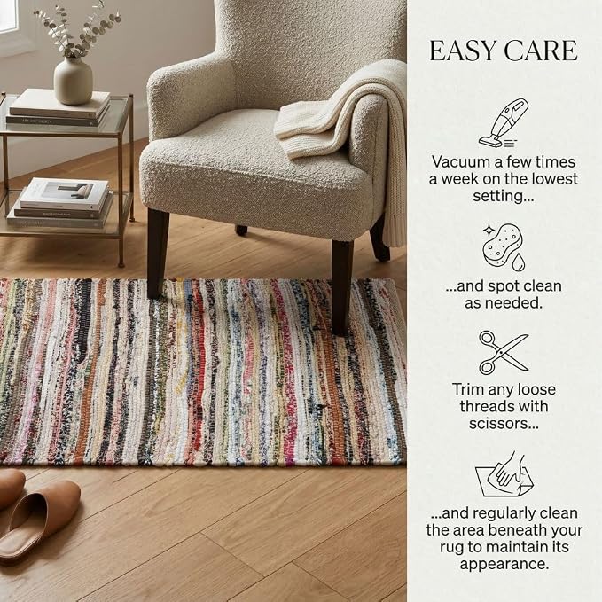 WeWove Hand Woven Chindi Rug Cotton - Boho Rustic Farmhouse Area Accent Throw Rug - Area Floor Carpet for Bedroom Living Room Kitchen Dorm Entryway Hallway - 20x32 inch Area Rug Pastel Multicolor