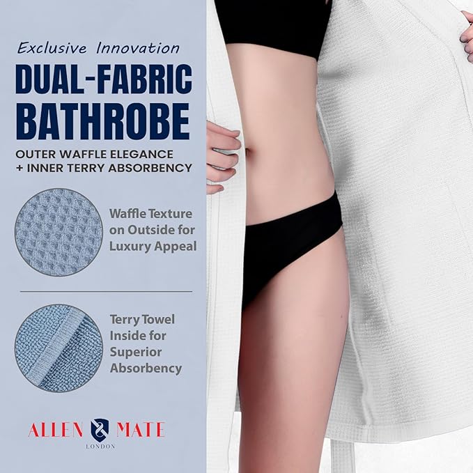 ALLEN & MATE 100% Cotton Women's Short Robe Dual Fabric Waffle Outside & Terry Towel Inside Kimono Bathrobe Medium Weight