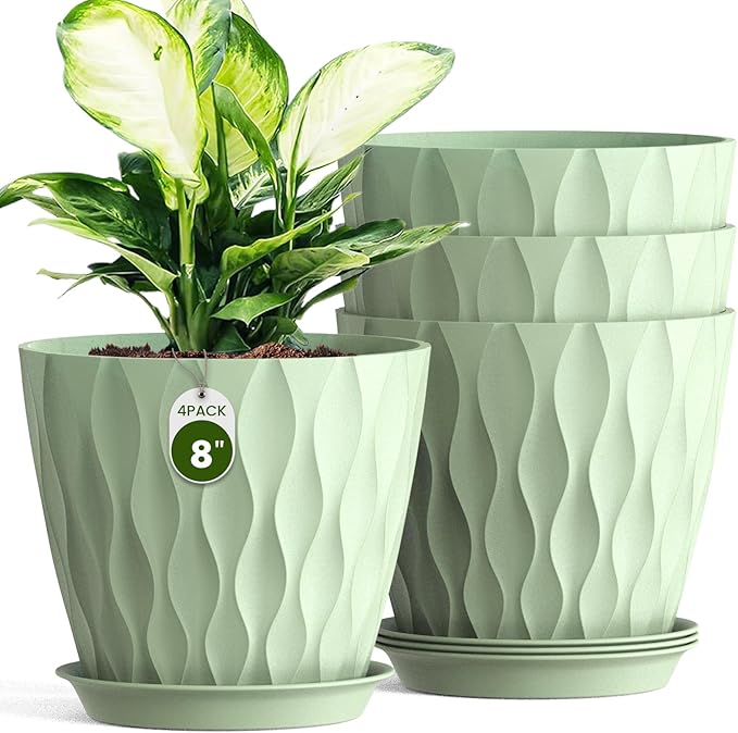 8 Inch Plant Pots 4 Pack Plastic Planters with Drainage & Saucers | 8 inch 4 pack plastic plant pots with 3D water ripple texture, drainage holes and saucers for indoor outdoor plants