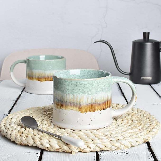 Bosmarlin Medium Ceramic Coffee Mug Set of 2, 15 oz, Big Stoneware Tea Cup for Office and Home, Dishwasher and Microwave Safe (Green, 2)