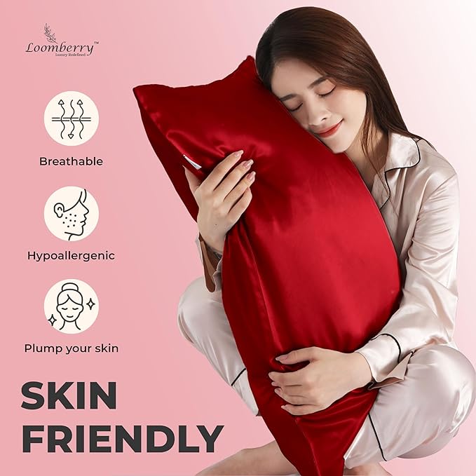 100% Pure Mulberry Silk Pillowcase for Hair and Skin, 6A Grade 22 Momme Silk Pillow Cases with Zipper, Soft Cooling Washable Both Sided Silk Pillow Cover (Burgundy Red, Queen 20''x30'')