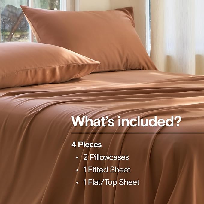 DOZ Sheet Set, 100% Viscose derived from Bamboo, Organically Grown, Buttery Soft, Cooling Sheets, High GSM, Deep Pockets - 4 Piece - 2 Pillowcases 1 Fitted 1 Top Sheet (Clay, Cal King)