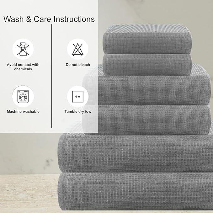 CASA COPENHAGEN Waffle 6Pcs 100% Egyptian Cotton Large Designer Towels Gift Set- Grey Violet, 2Bath 2Hand 2Washcloths, Bath Towels for Bathroom (Box Pack, Set for Women & Men)