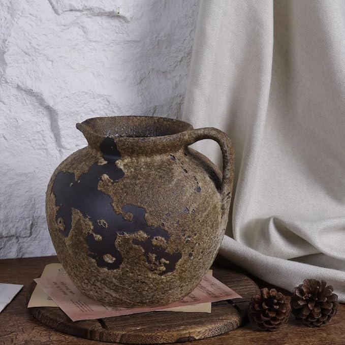 Wabi Sabi Rusty Vintage Vase, 7.9" Tall Wabi Sabi Decor Rustic Farmhouse Pottery Vase for Centerpiece, Textured Pottery Flower Vases for Home Decorative, Table, Living Room, Bedroom, Bathroom, Kitchen
