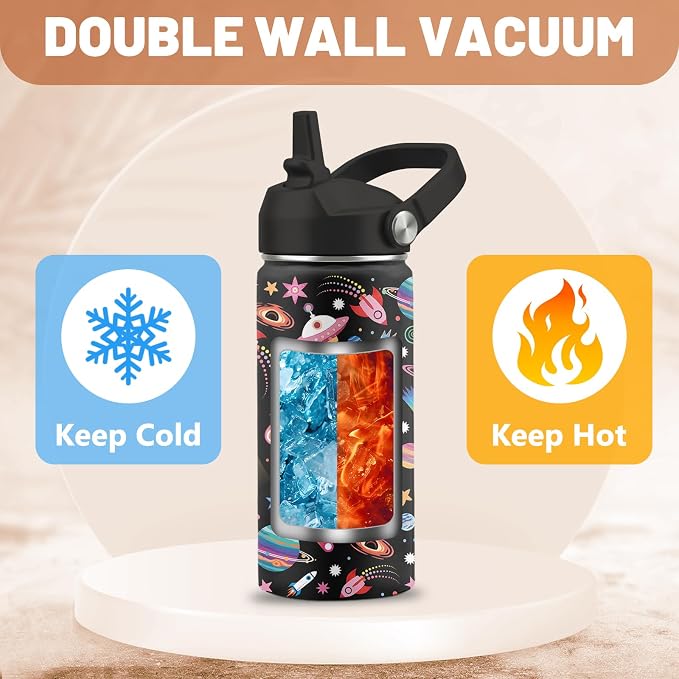 16 oz Water Bottle with Straw Lid, 2 Pack Set, Space Unicorn Gifts for Boys Girls, Stainless Steel Insulated Water Bottles for School Travel Outdoor Sports, Cute Universe Unicorn Cups