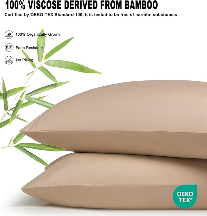 100% Rayon Derived from Bamboo Pillowcases Standard Size Set of 2, Durable Double Stitching Pillow Cases, Beige 20x26 Inches