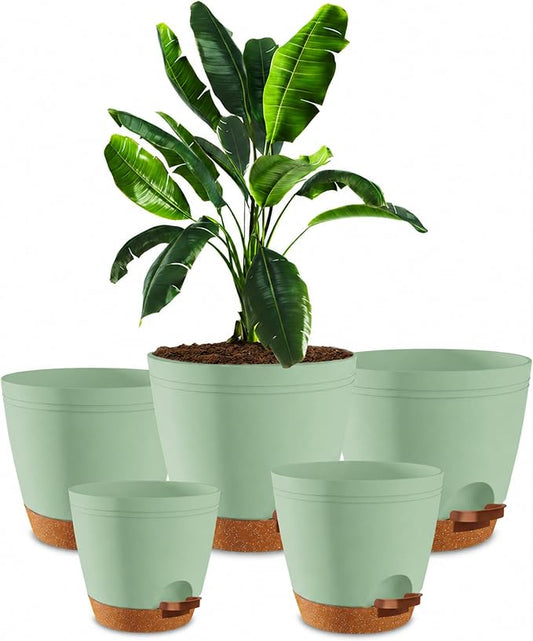 Utopia Home Self Watering Pots for Indoor Plants, Planters for Indoor Plants, Multi-Size Flowerpot, Set of 5 Plant Pots with Drainage & Reservoir, 6.8"/6.4"/5.9"/5.5"/4.9" (Olive Green)