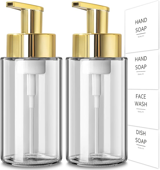 RYTOXILO Foaming Soap Dispenser, 10 oz/300ml Gold Soap Dispenser, 2 Pack Glass Foaming Hand Dispenser for Bathroom & Kitchen, Clear Refillable Foam Bottle with Waterproof Labels
