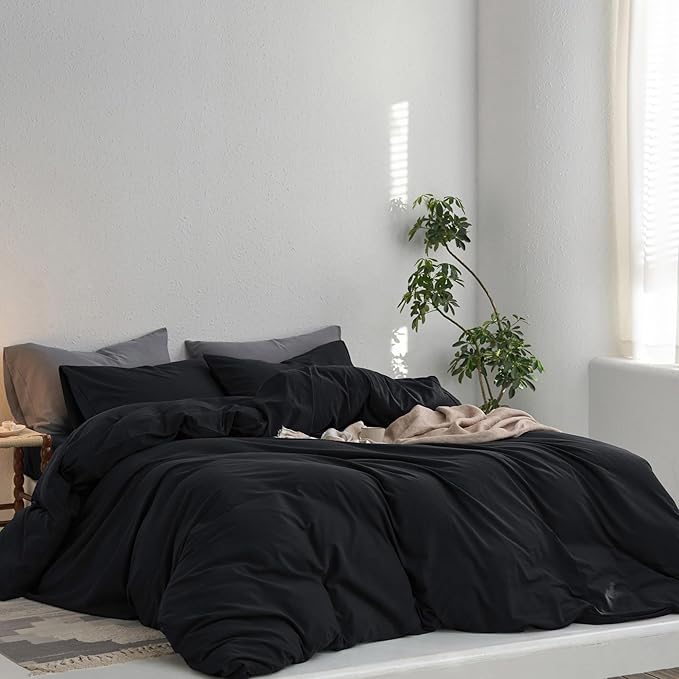 MooMee Queen Duvet Cover Set, 100% Washed Cotton Linen Like Twill Thick Sturdy Material Super Soft Breathable Durable Bedding for All Season, 3 Pieces (Black, Queen 90"x90")