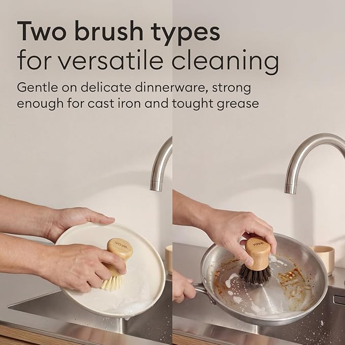Vove Bamboo Dish Scrub Brush Set, 3-Pack Plastic-Free Kitchen Brushes for Dishes Pots and Cast Iron, FSC-Certified Bamboo with Natural Sisal and Union Fiber Bristles, 2 Hard and 1 Medium Brush