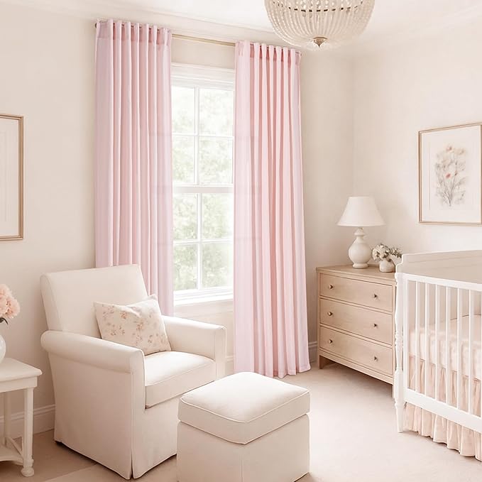 Pink Light Filtering Linen Curtains 63 Inch Length 2 Panels for Girls Bedroom Nursery Soft Drapes Semi Sheer Farmhouse Boho Texture Window Treatment Sets Drapes for Living Room