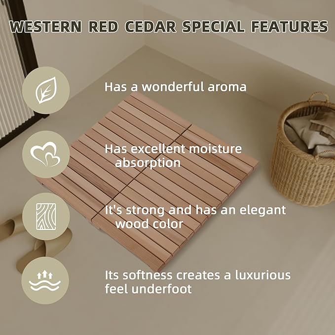 bingaai Cedar Wood Shower Mat, Cedar Wooden Bath Mats, 30" Square Mat, Foldable Wood Bath Mat Non-Slip for Bathroom Bathtub Spa Sauna Garden Home, Wooden Floor Mat Large for Indoor and Outdoor