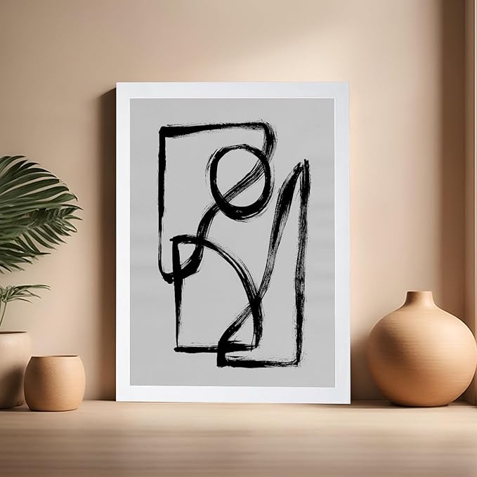 Monem Art Black and White Abstract Line Art Print - Minimalist Monochrome Brushstroke Art Poster - Wall Decor for Living Room, Bedroom or Office - 16x20 White Framed Wall Art by Mareike Bohmer