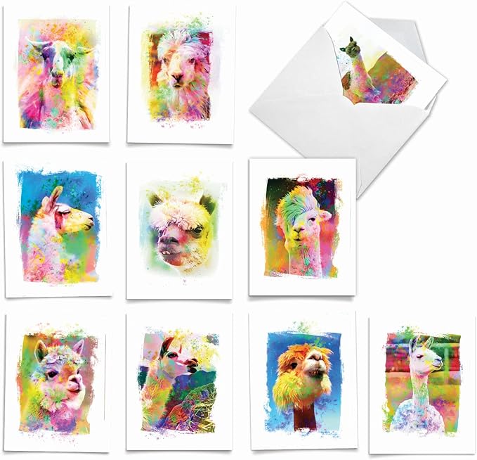 The Best Card Company Assorted Animal Watercolor Blank Greeting Card Box Set - Incl. 10 Unique Notecards Designs + Envelopes for Thank You, Invitations - Funky Rainbow Llamas AM6862OCB-B1x10