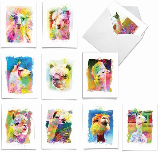 The Best Card Company Assorted Animal Watercolor Blank Greeting Card Box Set - Incl. 10 Unique Notecards Designs + Envelopes for Thank You, Invitations - Funky Rainbow Llamas AM6862OCB-B1x10