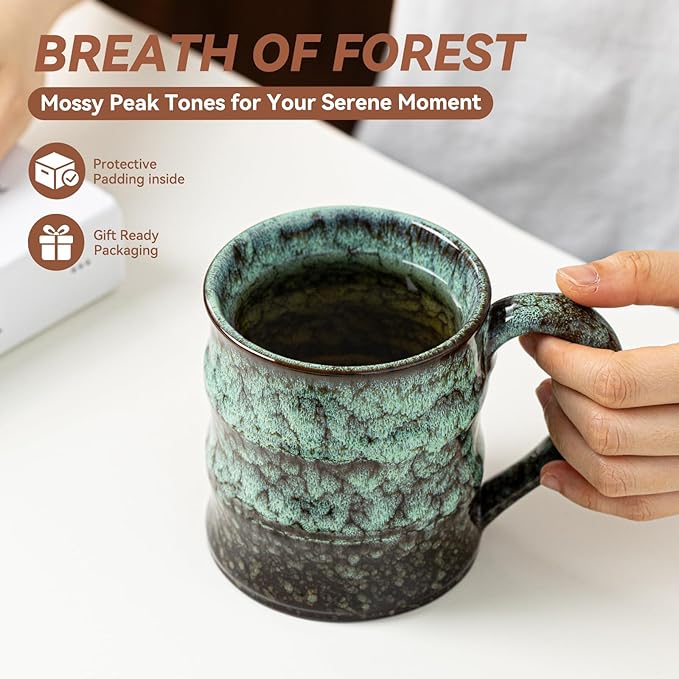 Unique Reactive Glaze Ceramic Coffee Mug - 15 oz Large Coffee Cup with Ergonomic Large Handle, Forest Green Ceramic Mug for Office & Home, Great Birthday Gift for Women, Men & Friends