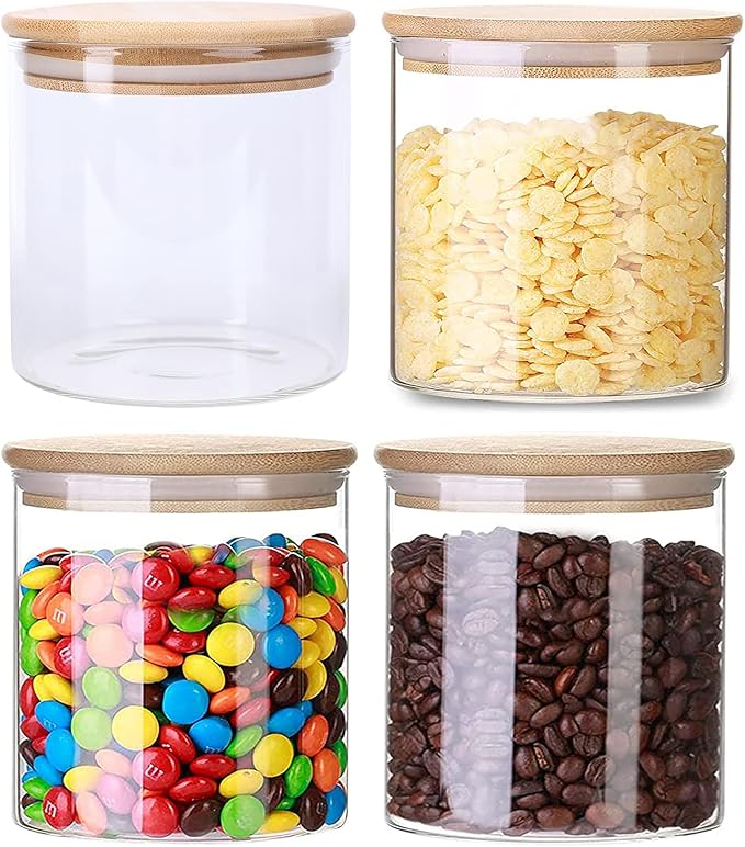 Lawei 4 Pack Glass Storage Jars with Airtight Bamboo Lids, 18.6 OZ Clear Glass Kitchen Canisters Food Storage Container for Dry Goods, Serving Tea, Coffee, Spice, Candy, Cookie