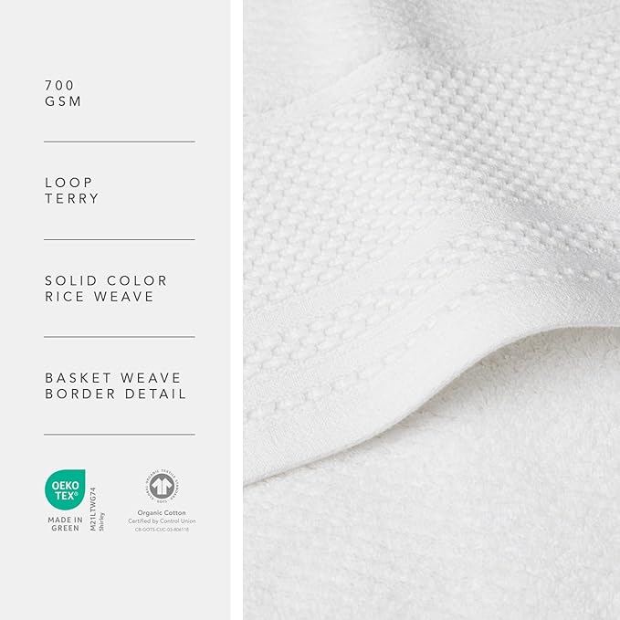 Texere 100% Organic Cotton Rice Weave Jacquard 700 GSM Luxury Bath Towel Sets - Ultra Soft and Absorbent Hotel and Spa Quality (Rice Weave, Bright White, 2 Bath & 2 Hand Towels)