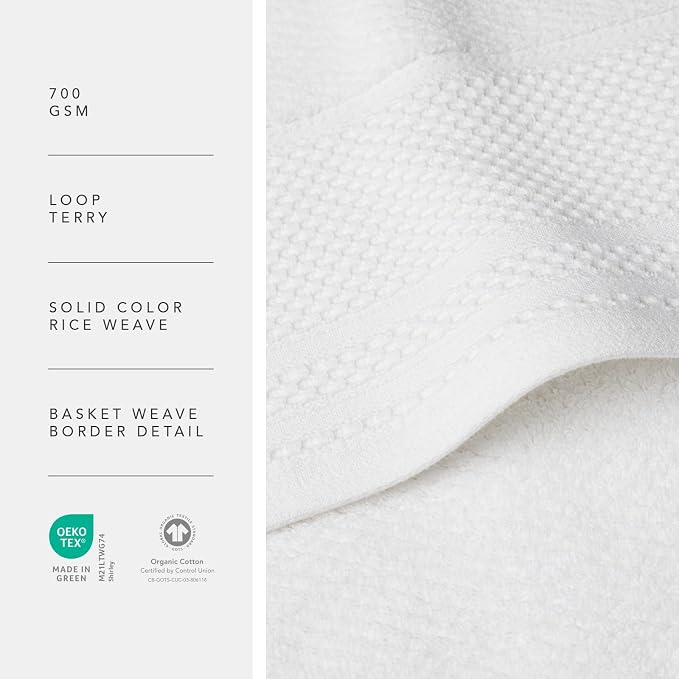 Texere 100% Organic Cotton Rice Weave Jacquard 700 GSM Luxury Bath Towel Sets - Ultra Soft and Absorbent Hotel and Spa Quality (Rice Weave, Bright White, 2 Hand & 2 Wash Towels)