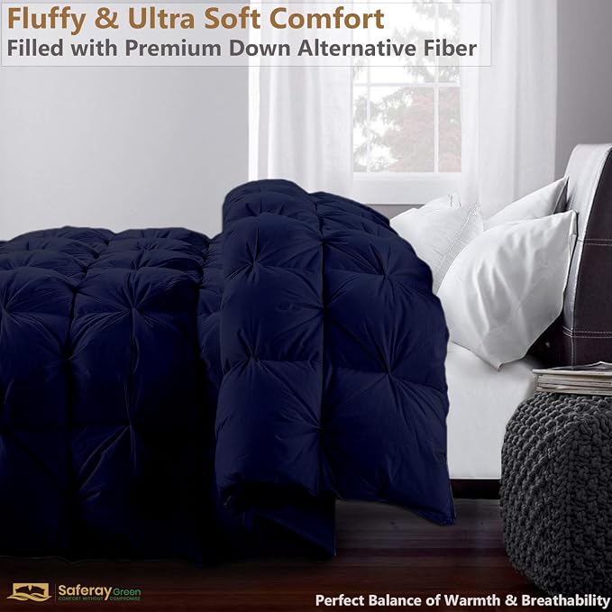 King Size Down Alternative Comforter 102x90 Inch Navy Blue – 500 GSM Ultra Soft Breathable, Luxury Pintuck Pinch Pleat, All Season Duvet Insert with Corner Tabs, Machine Washable