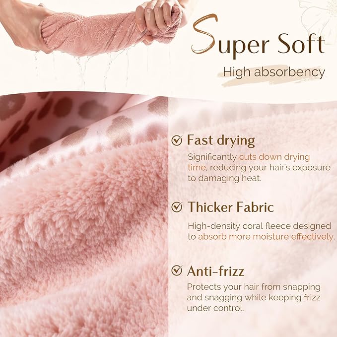 YANIBEST Satin Microfiber Hair Towel Wrap for Women, Fast Drying, Ultra Absorbent, Head Turban with Elastic for All Hair Types, Pinkleopard