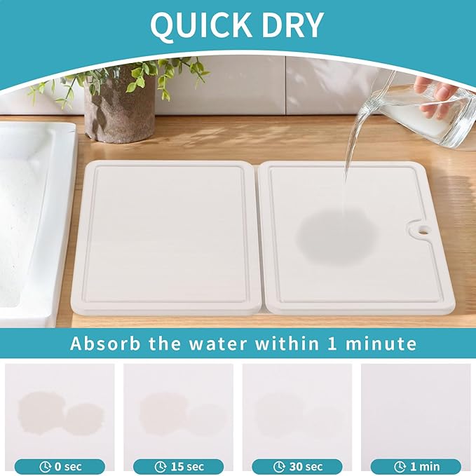 Quick Dry Stone Drying Mat for Kitchen Counter, Stone Dish Drying Mat Foldable, Water-Absorbent Diatomaceous Dish Drying Mats for Dishes Bottles Cups, Match Any Countertop (Pearl White)