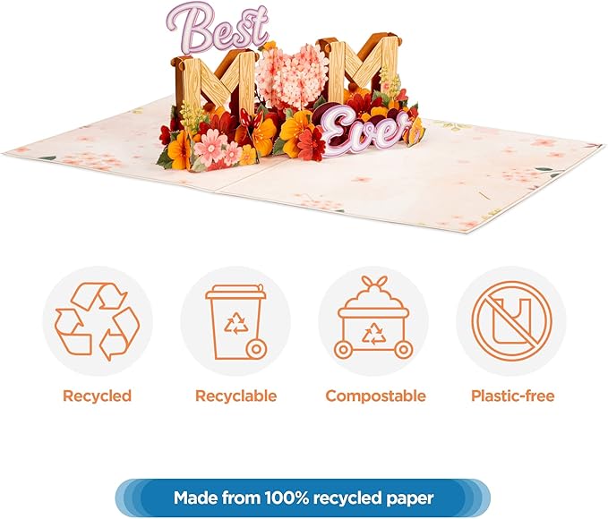 Paper Love Frndly 3D Mothers Day Pop Up Card, Best Mom Ever, For Mother, Wife, Anyone - 100% Recycled and Eco-Friendly - 8" x 6" Cover - Includes Envelope and Note Tag