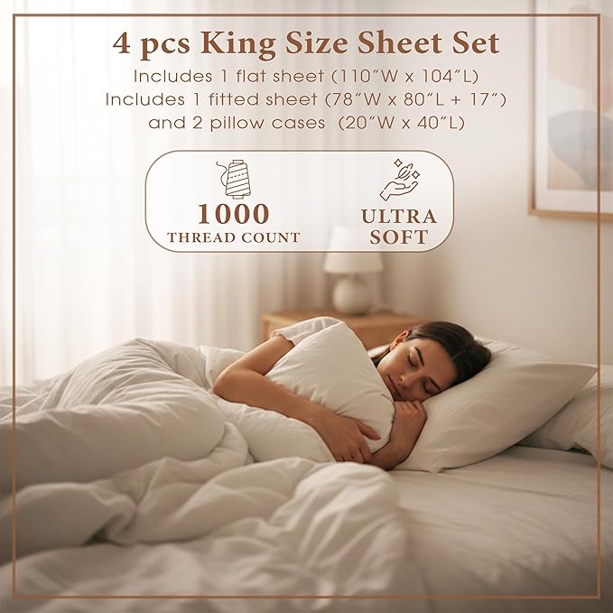 THE ART BOX Certified 100% Egyptian Cotton Sheets, King Size Sheet, 1000 Thread Count Hotel Quality Sateen Weave, 4 Pc Luxury Bed Sheet Set, White Sheets with Elasticized Deep Pocket