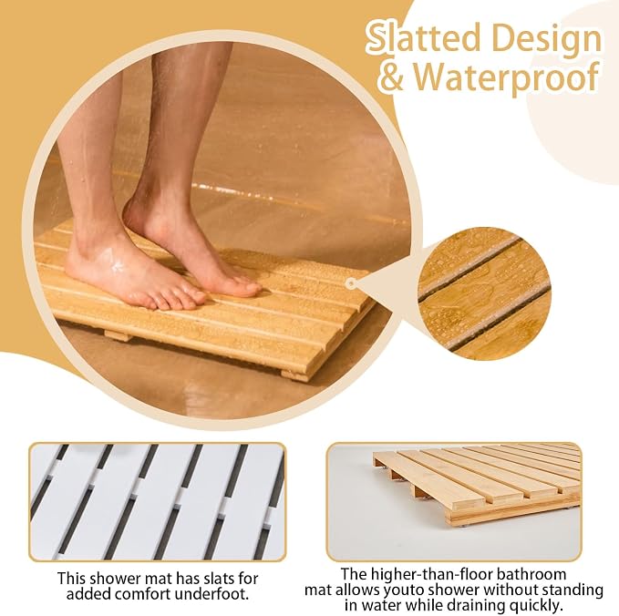 Rectangle Shower Mat Bamboo, Stable Bath Mat Dual Anti-Slip for Surface Bottom, Wide Slats Hollow Bathroom Drain Board for SPA Zone(Natural)