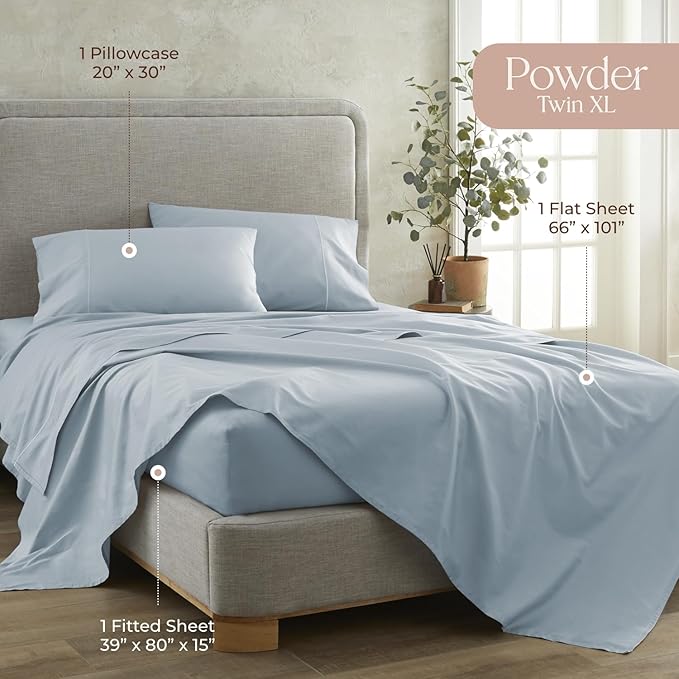 100% Organic Cotton Sheets Twin Size - GOTS Certified Organic Bed Sheets with Deep Pocket 300 Thread Count & Cozy Sateen Weave Gets Softer with Each Wash - Luxury 3 Piece Set (Powder, Twin XL)