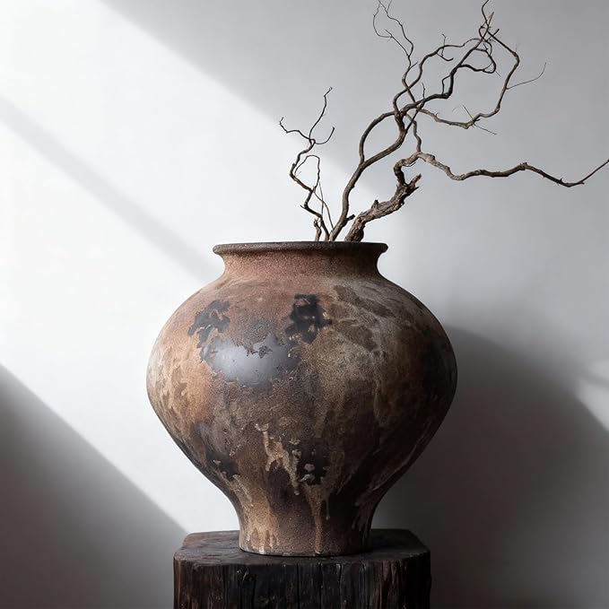 Wabi Sabi Vase 11in, Rustic Ceramic Vase Large, Brown Ceramic Vase, Rustic Vases for Decor Table Centerpiece, Farmhouse Pottery Vases for Home Decor, Vintage Farmhouse Vase