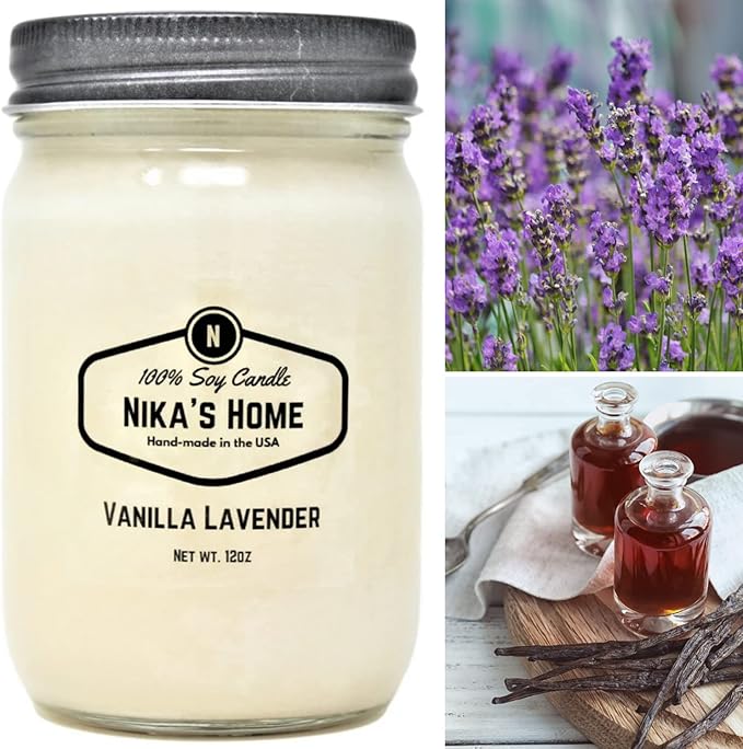 Nika's Home Vanilla Lavender Soy Candle - 12oz Mason Jar - Non-Toxic - Hand Poured in The USA, Long Burning 50-60 Hours Highly Scented All Natural, Clean Burning