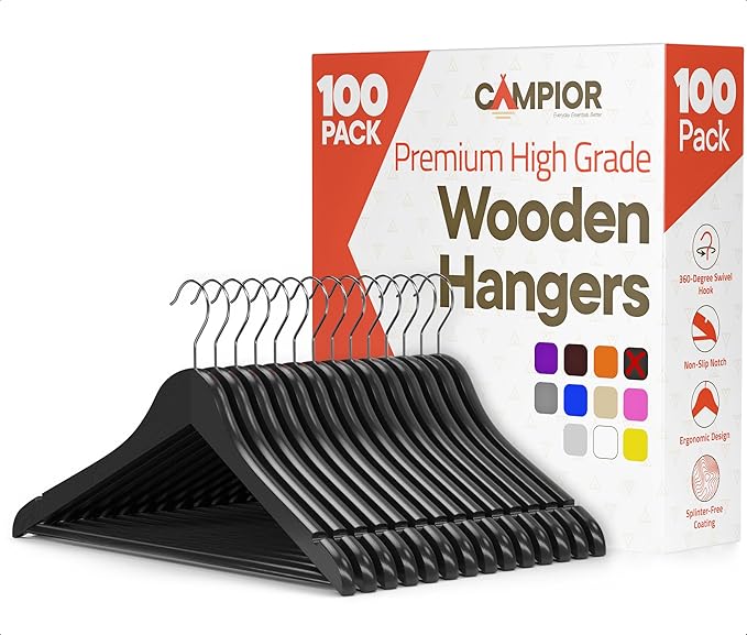 Black Wooden Hangers 100 Pack – Heavy-Duty with 360° Swivel Hook, Non-Slip, Pants Bar & Shoulder Grooves - Wooden Hangers for Suits, Jackets, Dresses & Camisoles, Space-Saving and Smooth Finish