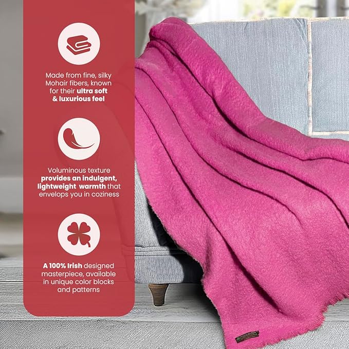 Biddy Murphy Ultra Soft Irish Mohair & Wool Throw Blanket, Made in Ireland, 54"x72", Solid Pink