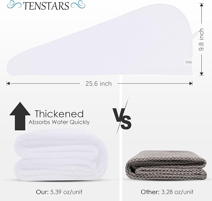TENSTARS 5 Pack Thicken Microfiber Hair Towel Wrap for Women - Elastic Loop Design - 320GSM Coral Velvet - Quick Dry Hair Turban - 11x28 Inch (White)