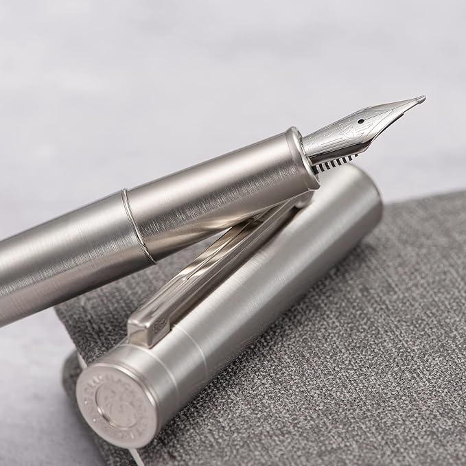 HONG DIAN 1861 Fountain Pen, Long Blade Nib, Silver Stainless Steel Design with Converter and Metal Pen Case Set