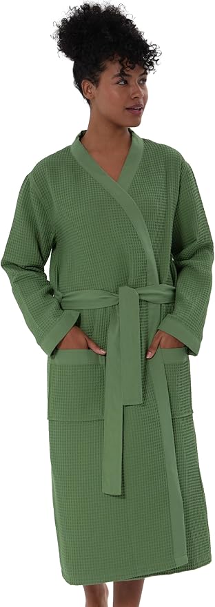 SEYANTE Women's Organic Cotton Waffle Kimono, Hooded Robe – GOTS Certified Lightweight Full-Length Spa Bathrobe with Piping