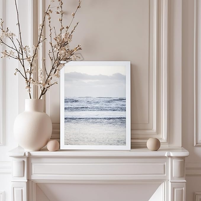 Monem Art Pastel Ocean Waves Seascape Photography Print - Minimalist Coastal Landscape Art Poster - Wall Decor for Living Room, Bedroom or Office - 8x10 White Framed Wall Art by Mareike Bohmer