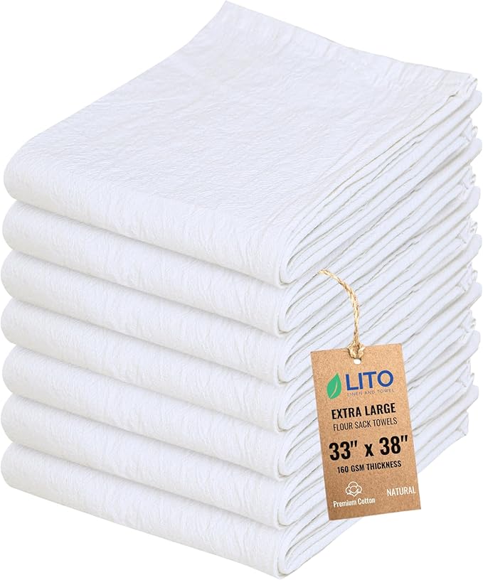Flour Sack Towels | Tea Towel for Crafts| Kitchen Dish Cotton Blank Towel for Embroidery| Baking Bread Proofing Linen Cover| Thick Absorbent Quick Dry| 7 Pack 33"x38" Natural