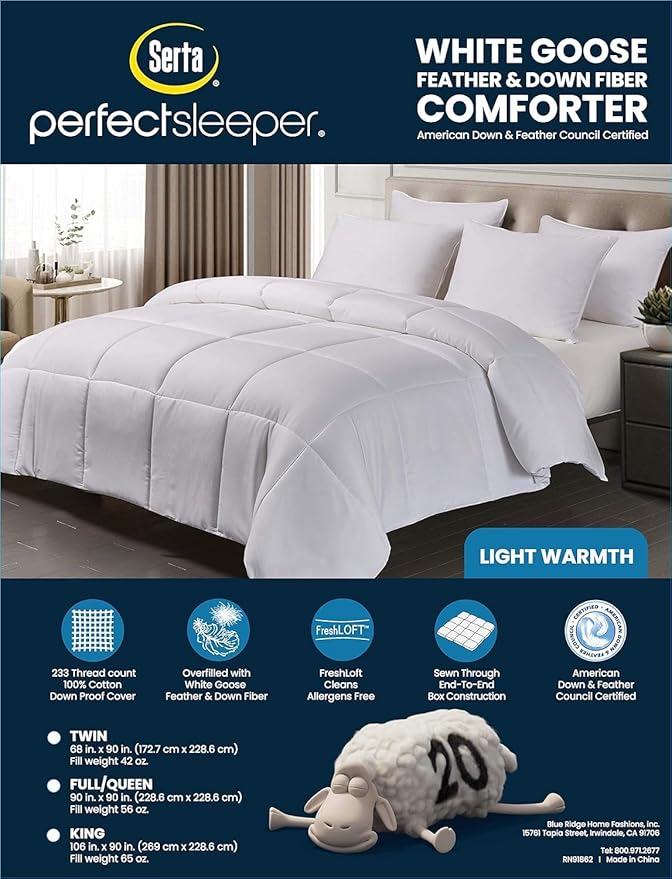 Serta Goose Feather Down Fiber Comforter King Size - 100% Cotton Cover Duvet Insert - Hotel Luxury Hypoallergenic Bedding Comforter Light Warmth 106 x 90 Inch White