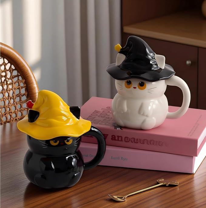 Coffee Mug Cups Ceramic Tea Cup Cute 3D Bichon Frise Dog Shaped Handmade Pottery Cute Mugs Handle Office Home Hot Ice Chocolate Milk Mugs Gifts Microwave Dishwasher Safe 14 Oz Travel Mug (White cat)