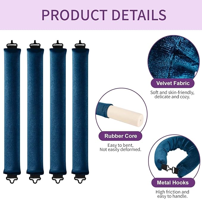 Heatless Curls Overnight Hair Curlers - 4 Pcs No-Heat Curling Rod to Sleep In,Velvet Hair Rollers with Satin Wrap
