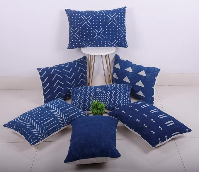 Trade Star Geometric Luxurious Ethnic Cushion Case Decorative Authentic Pillow Case Lumbar Cushion Cover 100% Cotton Throw Pillow Cover for Bedroom Spring Pillow Case (Indigo Snow 12X18 INCHES)
