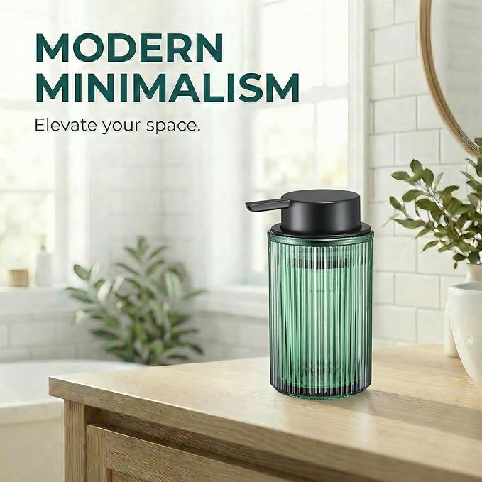 Green Glass Foaming Hand Soap Dispenser with Matte Black Pump Thick Striped Bottle Refillable for Bathroom and Kitchen Decor 12 fl oz