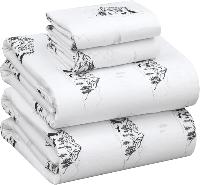RUVANTI Flannel Sheets King Size - 100% Cotton Double Brushed King Bed Sheets Set - Deep Pockets 16 Inches - All Seasons Breathable & Extra Soft - Warm & Cozy, 4 Piece, Soul Dog White