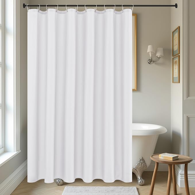 Biscaynebay Fabric Shower Curtain Liner 72x84 Inch-White Waterproof Extra Long Bathroom Curtains-Hotel Quality Soft Soild Polyester Shower Liners Machine Washable