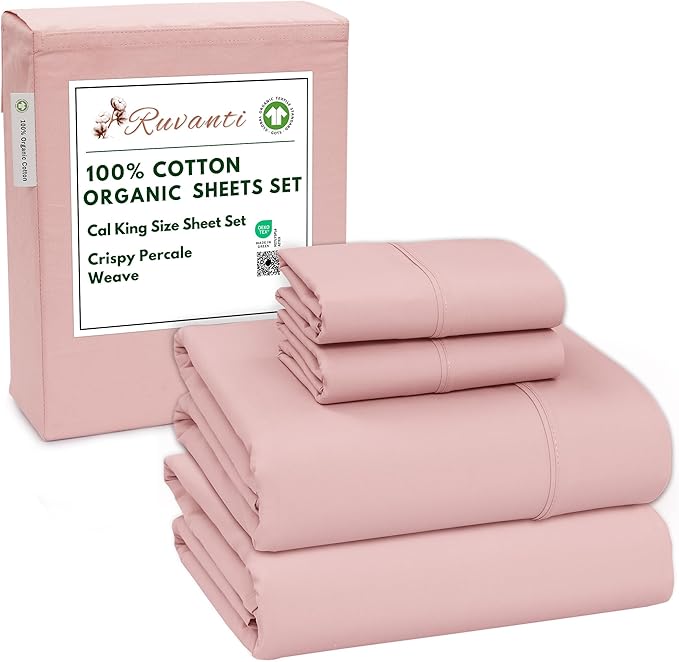 RUVANTI 100% Cotton Organic Percale Sheets Cal King Size – Crisp Cooling Bed Sheets for Hot Sleepers, Deep Pocket 13”, Soft Peach Finish, Breathable & Durable Hotel-Style 4 Pcs, Peach Skin